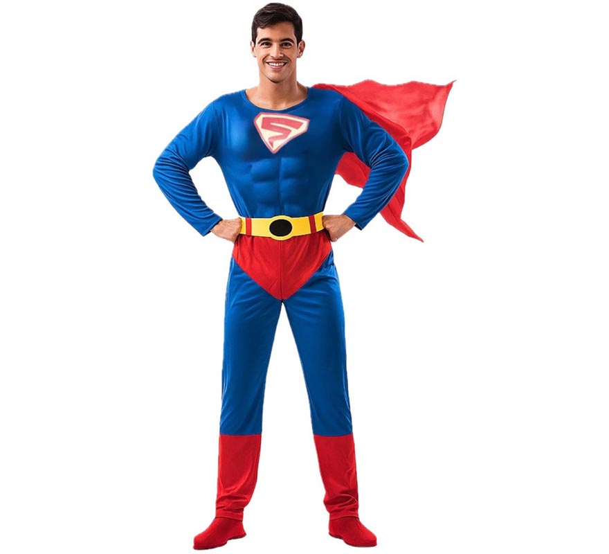 Fato de super-herói azul e vermelho para homem