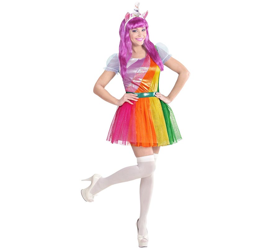 Fato de unicórnio multicolorido com bandana para mulher