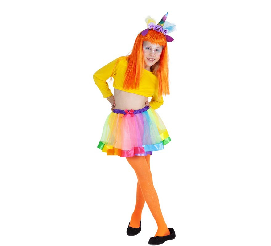 Fato de unicórnio multicolorido com fita para a cabeça para menina