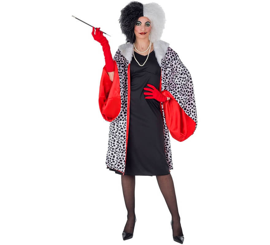 Costume Cruella D'Enfer Pour Femme - 7 Pièces Avec Perruque Noire Et Blanche - Déguisement Halloween, Cosplay