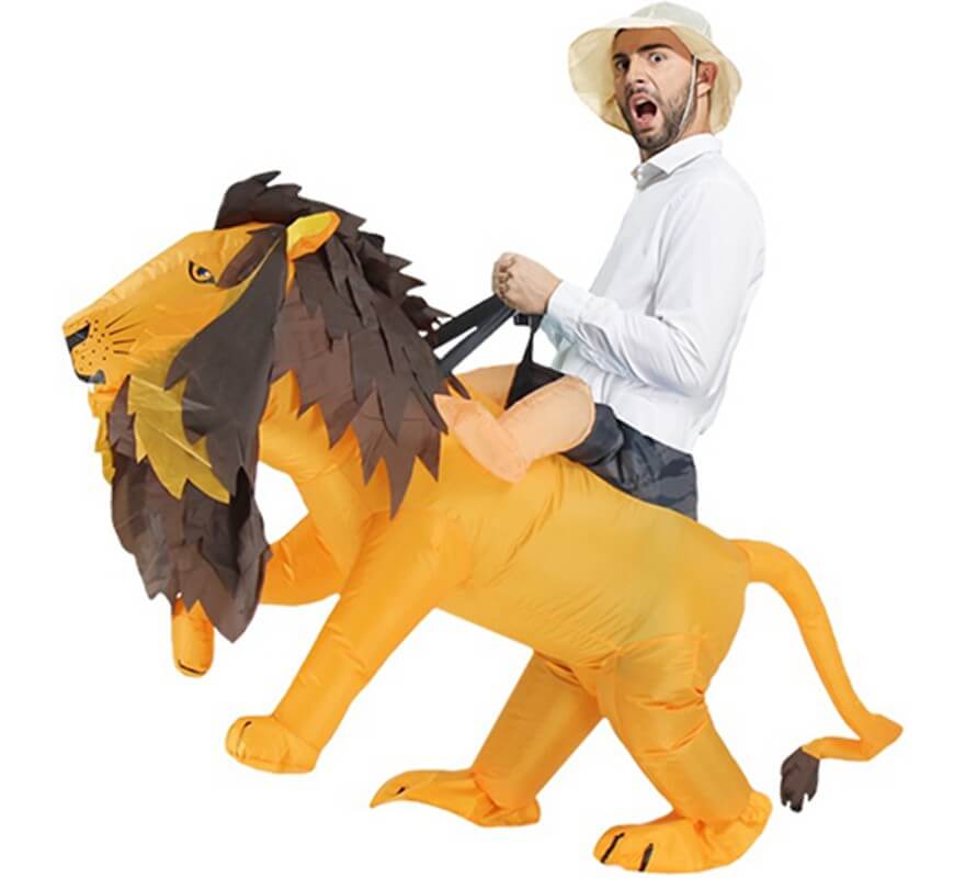 Disfraz Hinchable Explorador montando León para adultos