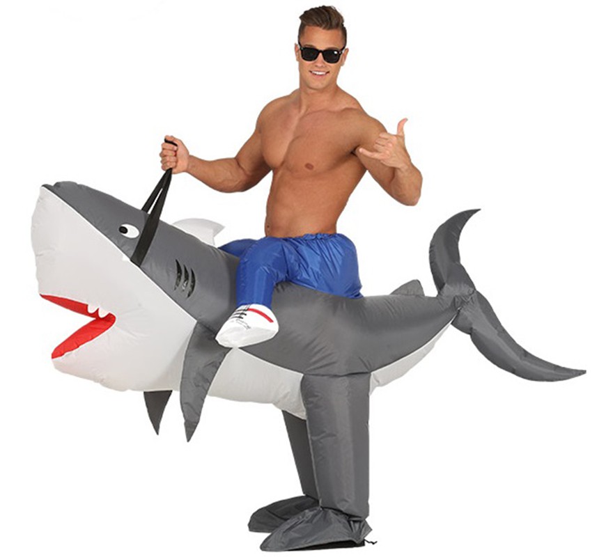 Disfraz Hinchable Jinete montando Tiburón para adultos