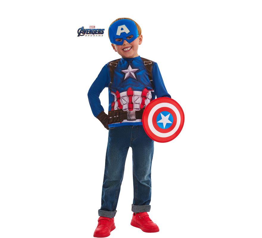 Captain America Costume or Kit for Boys: T-Shirt, Shield, Mask and Gloves