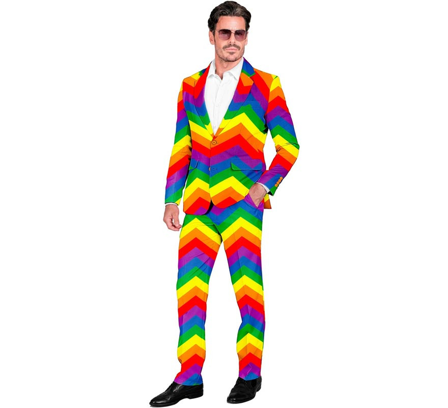 Costume or party suit with multicolored rainbow stripes for men