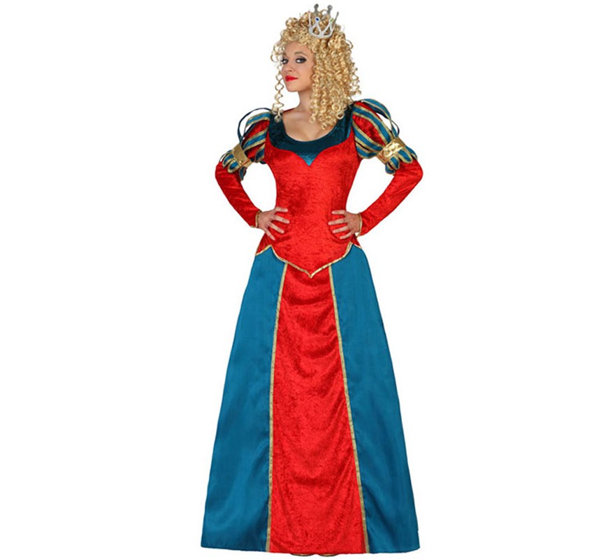Déguisement Femme Reine Moyen-Âge Rouge et Bleu plusieurs tailles
