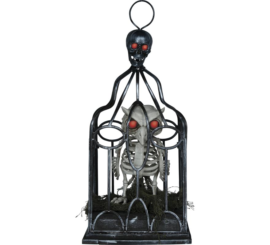 Esqueleto de coruja em gaiola com som, luz e movimento, 33 cm