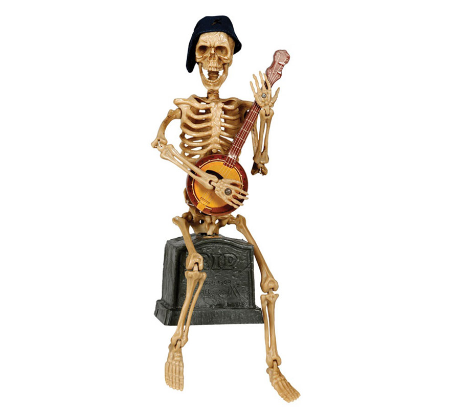 Esqueleto tocando banjo con luz, sonido y movimiento de 31 cm