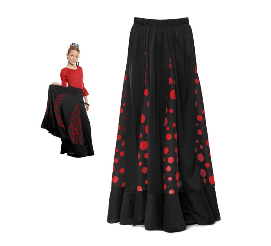Falda de flamenco de niña negra lunares rojos