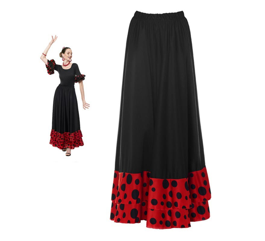 Falda de Flamenca / Sevillana para Mujer con Volantes Color Negro Lunares  Rojos III