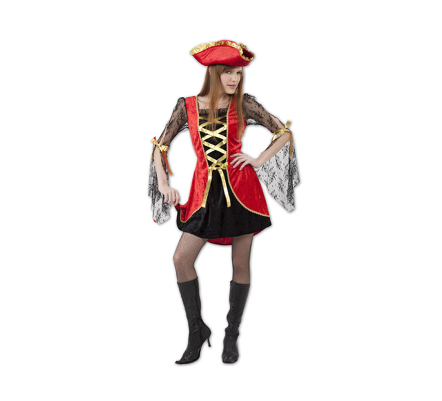 Disfraz de Pirata Sexy rojo y negro para mujer M-L