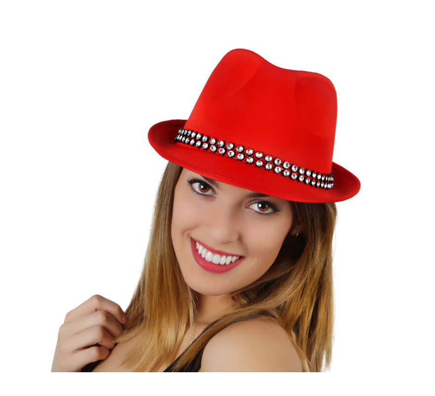 Sombrero Ganster rojo con banda de brillantes
