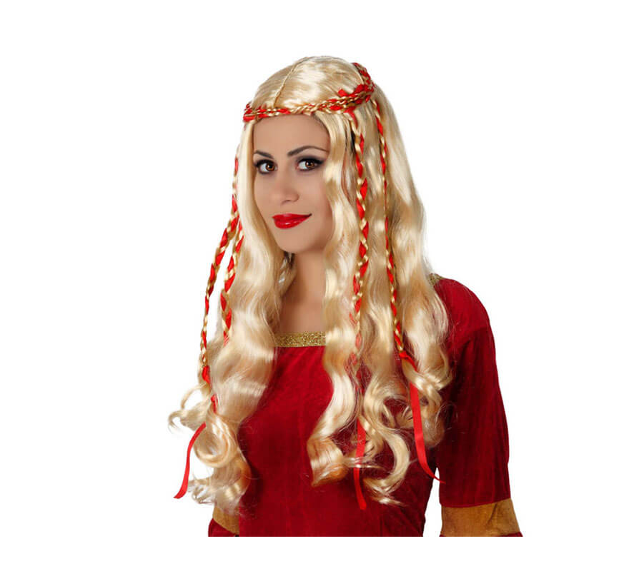 Peluca de Dama Medieval rubia con lazo rojo