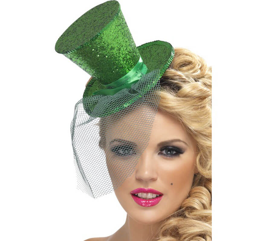Mini Sombrero de Copa Burlesque Verde con Velo para Mujer