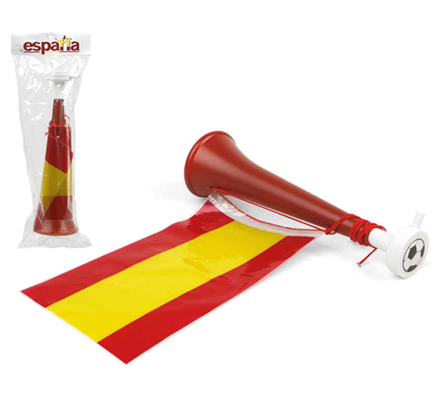 Bocina roja con Bandera España de plástico de 28,5x8 cm