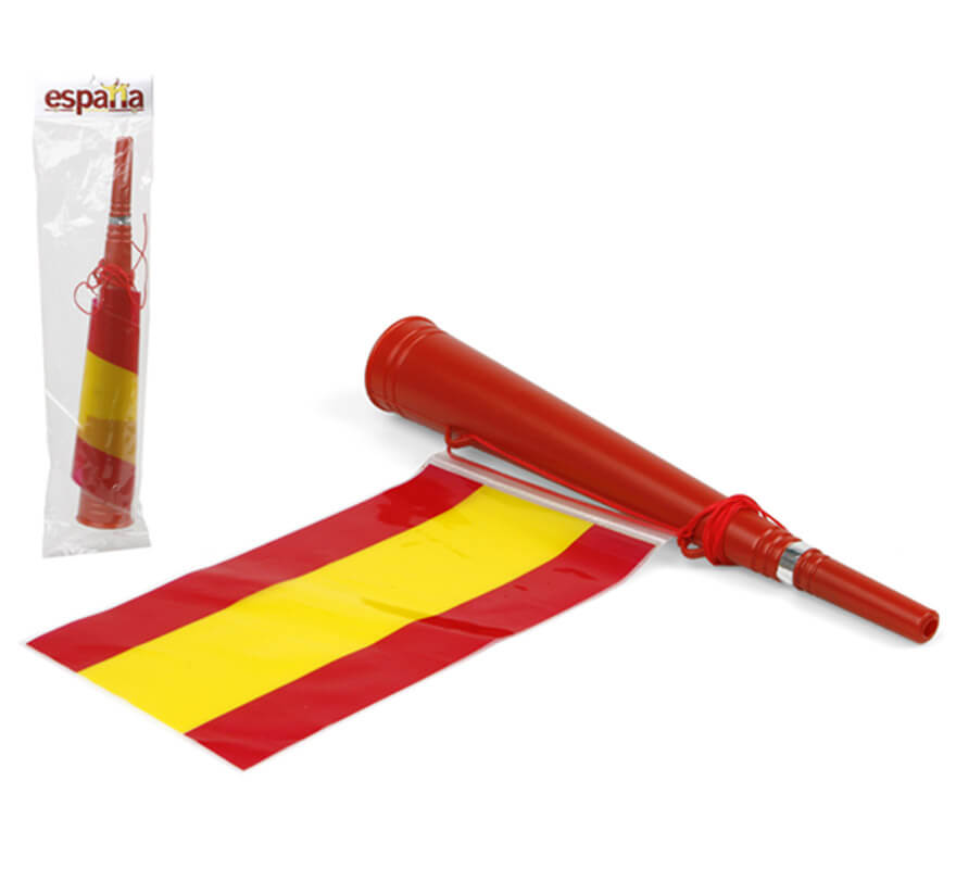 Corneta roja con Bandera España de plástico de 36x5,5 cm