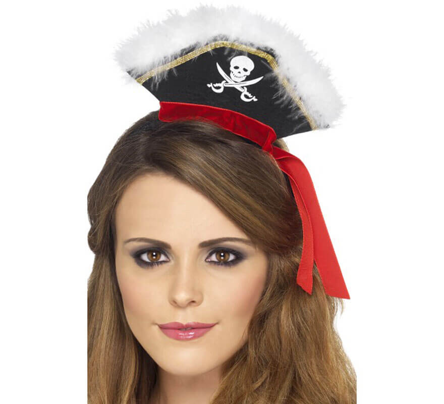 Diadema con Mini Sombrero Marabú con Cinta Roja Mujer Pirata