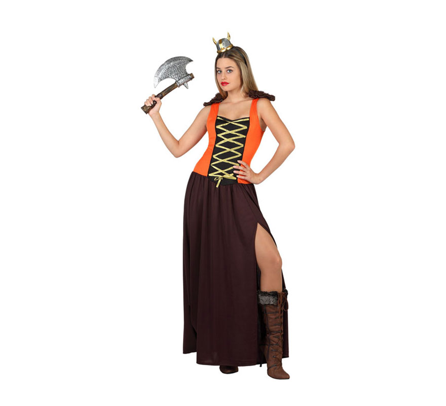 Disfraz de Vikinga marrón y naranja para mujer