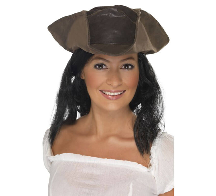 Sombrero Marrón imitación Cuero con Peluca Mujer Pirata