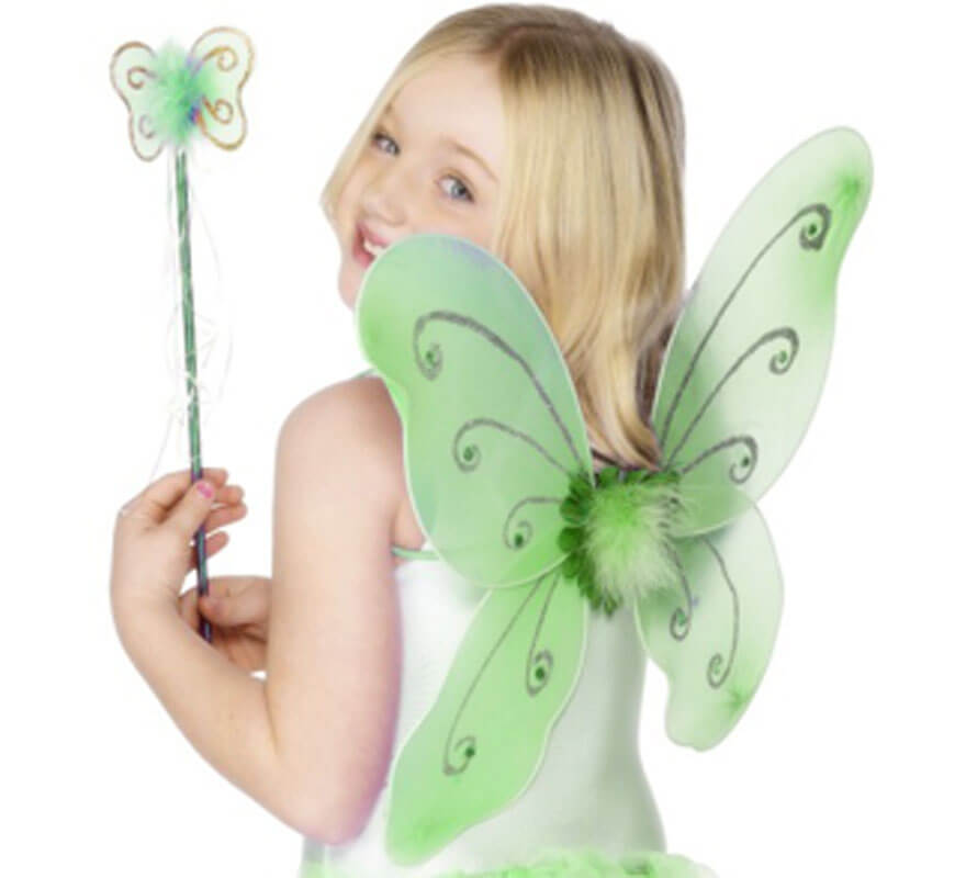 Kit Hada Verde Infantil: Alas de mariposa y Varita Mágica