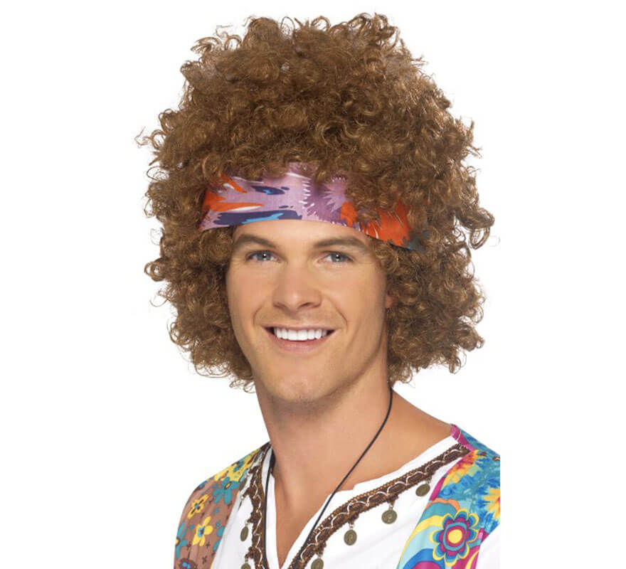 Parrucca hippy castano afro e fascia per capelli per uomo