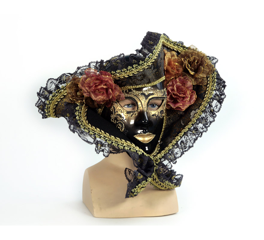 Máscara Veneciana negra con sombrero y flores