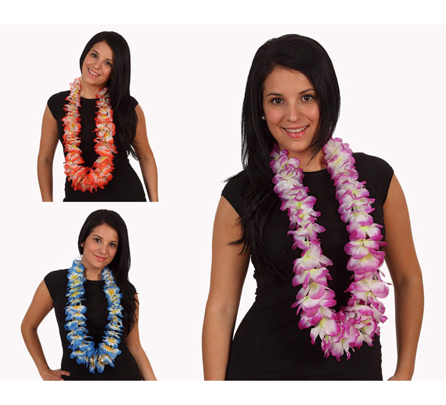 Collar Hawaiano flores de tela 3 colores surtidos
