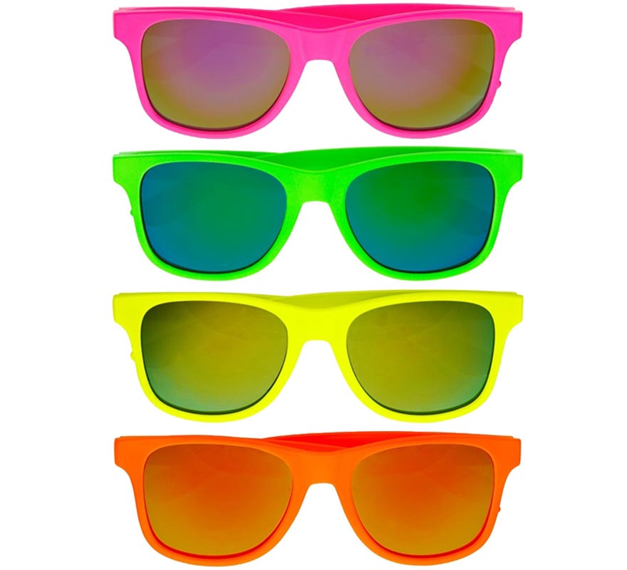 Óculos neon dos anos 80 com lentes multicoloridas