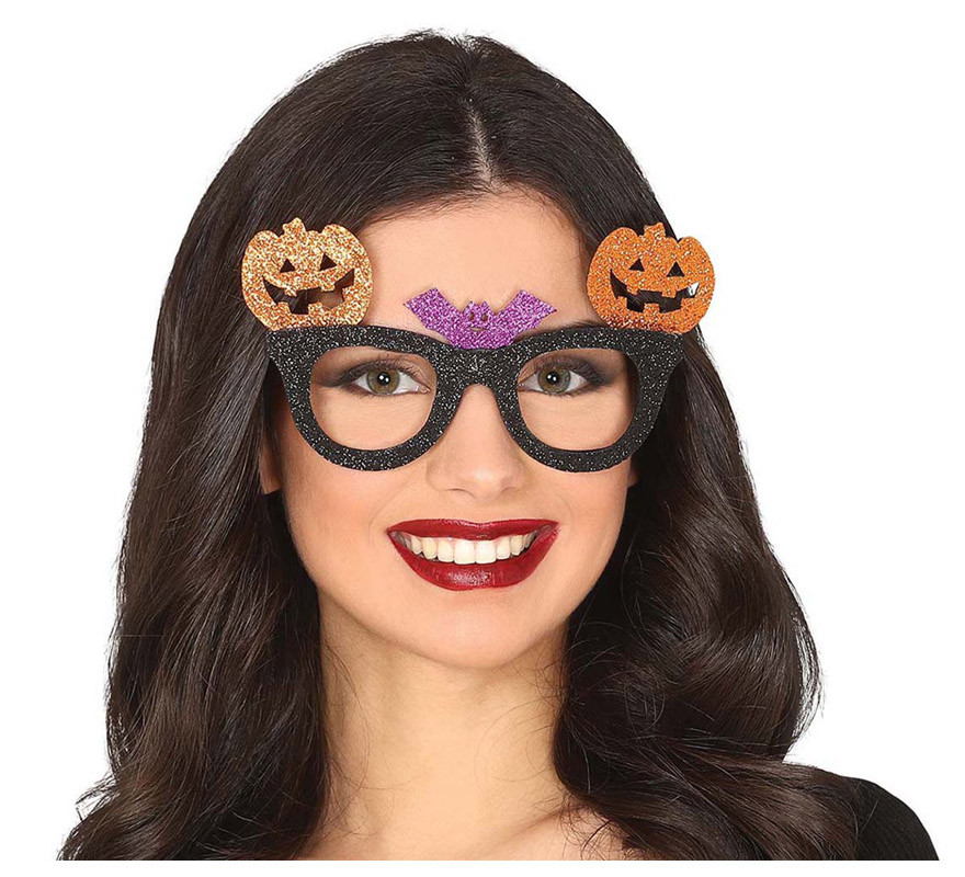 Black Glasses with Pumpkins and Bat