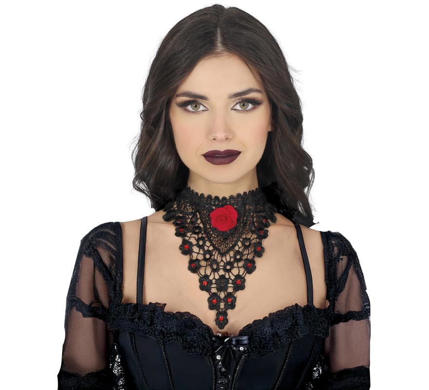 Choker embroidered with red rose
