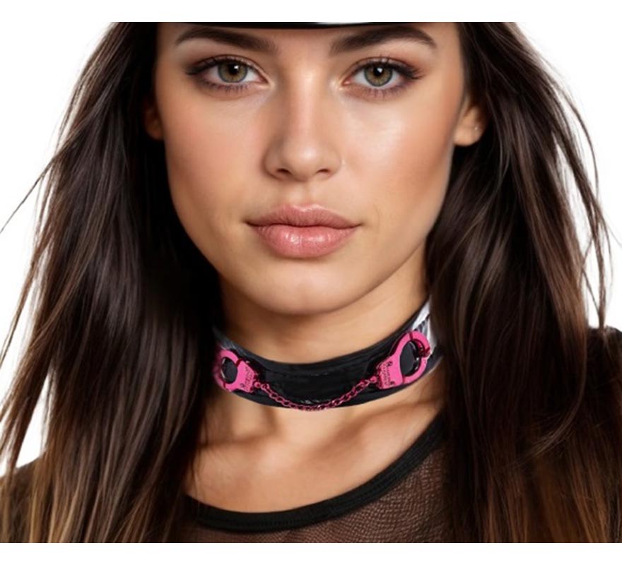 Choker with pink handcuffs