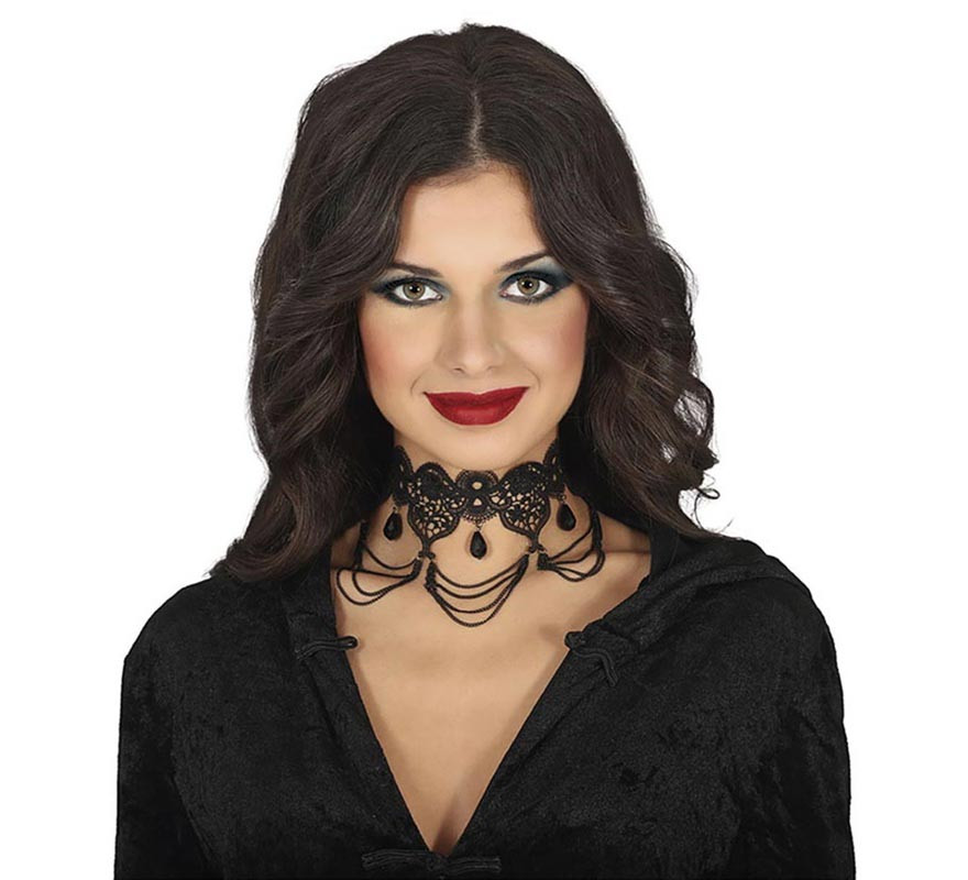 Collana Girocollo Gotica In Pizzo Nero Con Perline E Strass: Choker Vuoto Per Donna