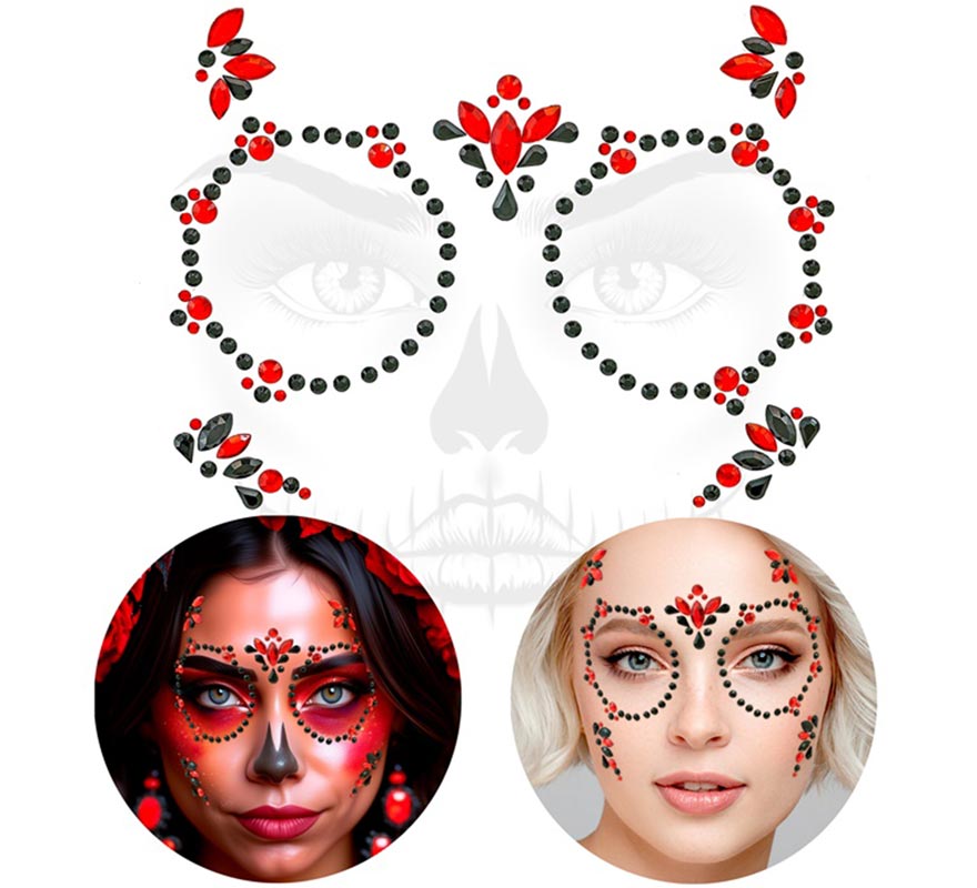 Gemas Faciales Adhesivas de Día de Los Muertos rojo y negro