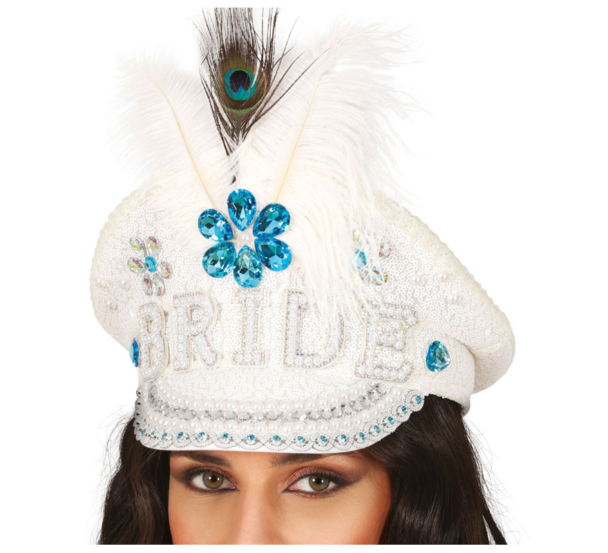 Bride Police Cap with Feathers and Rhinestones for Adults