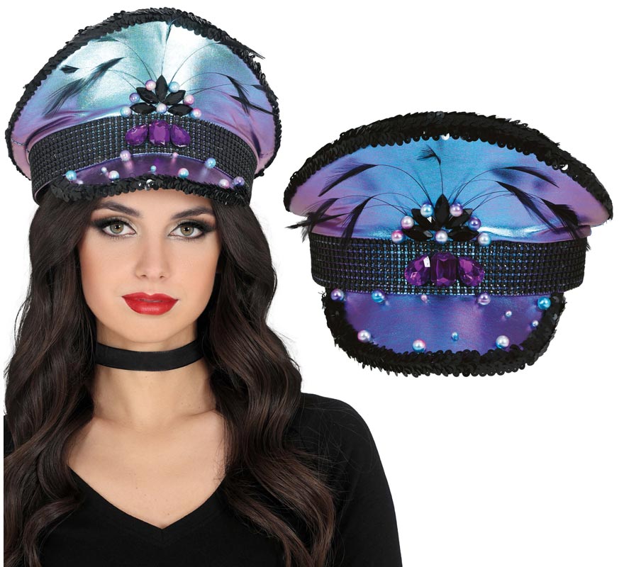 Gorra de Policía morada con Plumas adultos