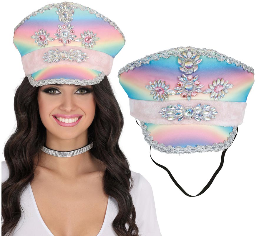 Gorra de Policía multicolor con Cinta rosa adultos