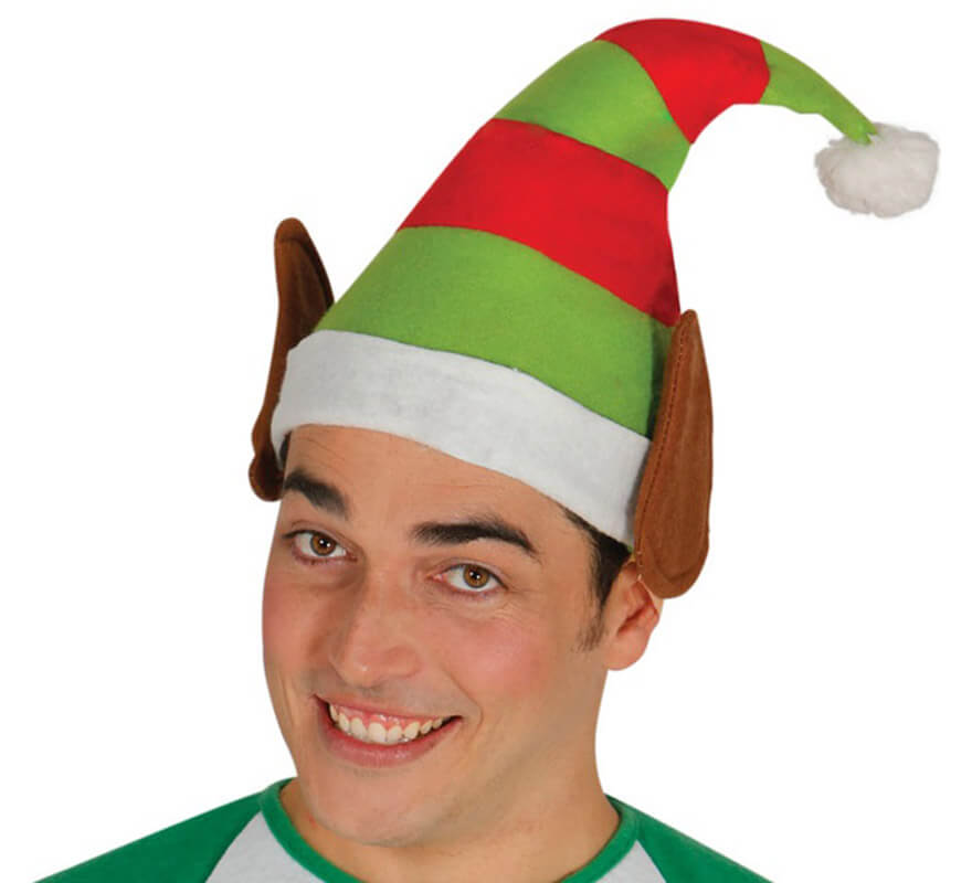 Gorro de Elfo verde y rojo con orejas
