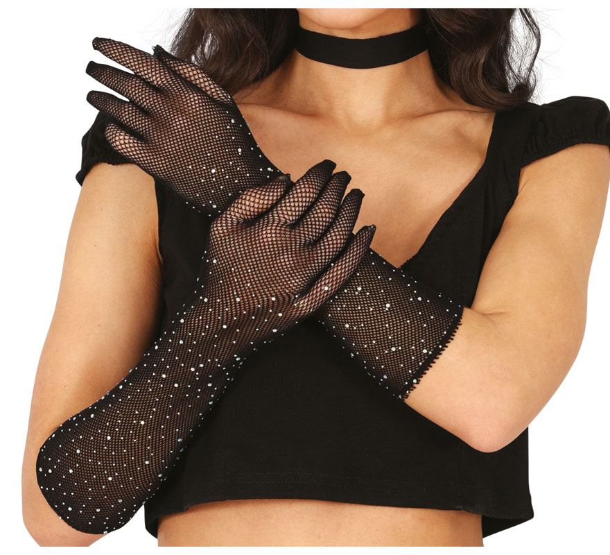 Mesh gloves with rhinestones in various colors, 30 cm, adult