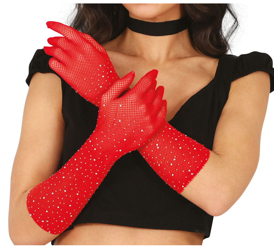 Mesh gloves with rhinestones in various colors, 30 cm, adult