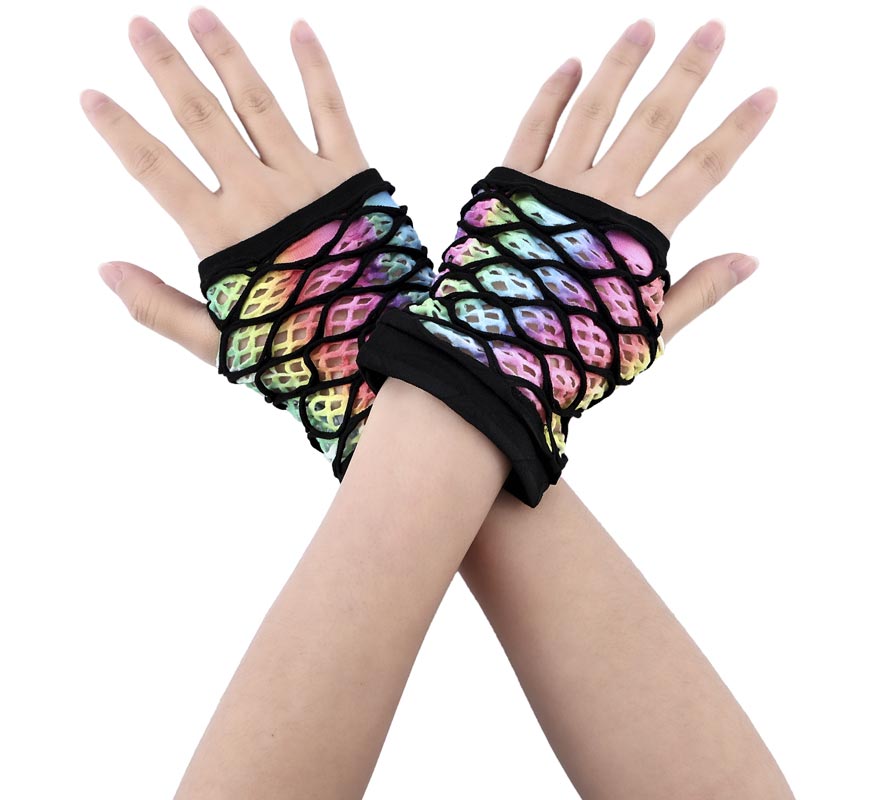 Rainbow Short Fishnet Fingerless Gloves