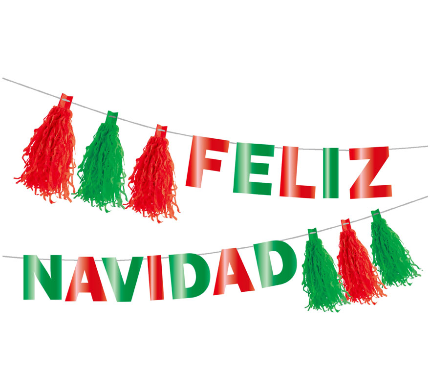 Guirnalda de Feliz Navidad con Pompones rojo y verde de 3 mts