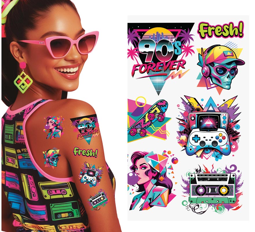 Hoja de Tatuajes Años 90 de 14x30 cm Hoja de Tatuajes Años 90 de 14x30 cm