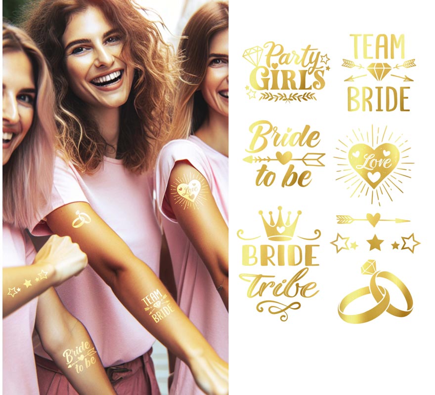 Hoja de Tatuajes dorados Bride To Be de 14x30 cm