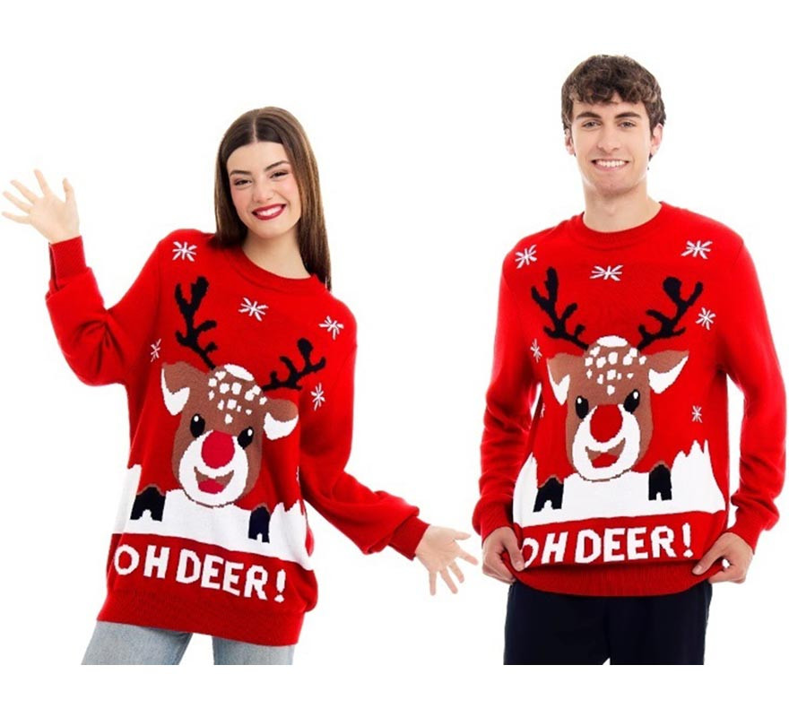 Oh Deer Red Reindeer Adult Christmas Jumper