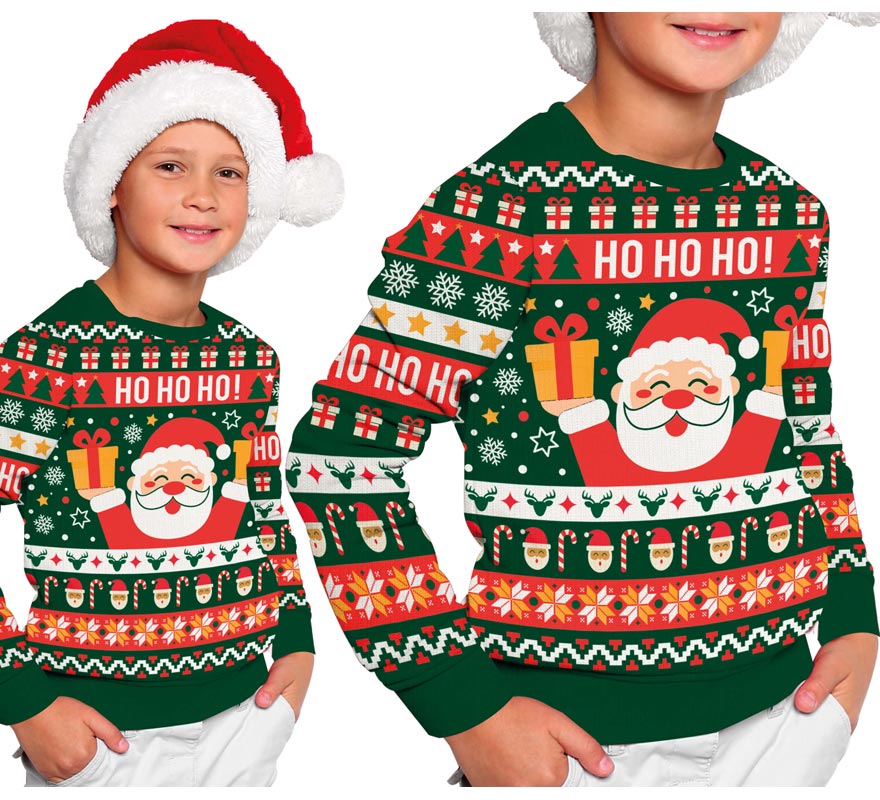 Maglione natalizio Ho Ho Ho verde e rosso per bambini