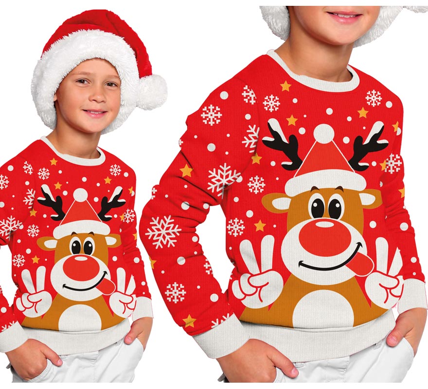 Red Merry Reindeer Christmas Sweater for Kids