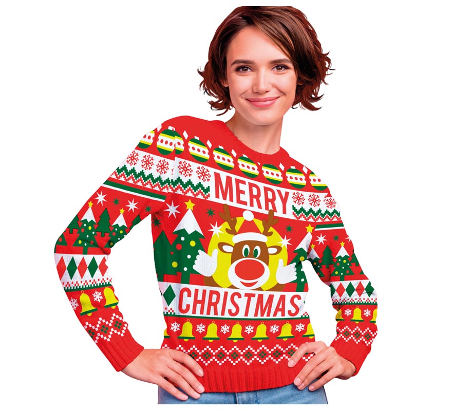 Red Merry Christmas Reindeer Christmas Sweater for Women