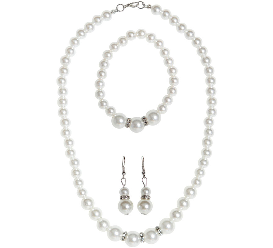 Kit anos 1920: colar, brincos e pulseira de pérolas com strass