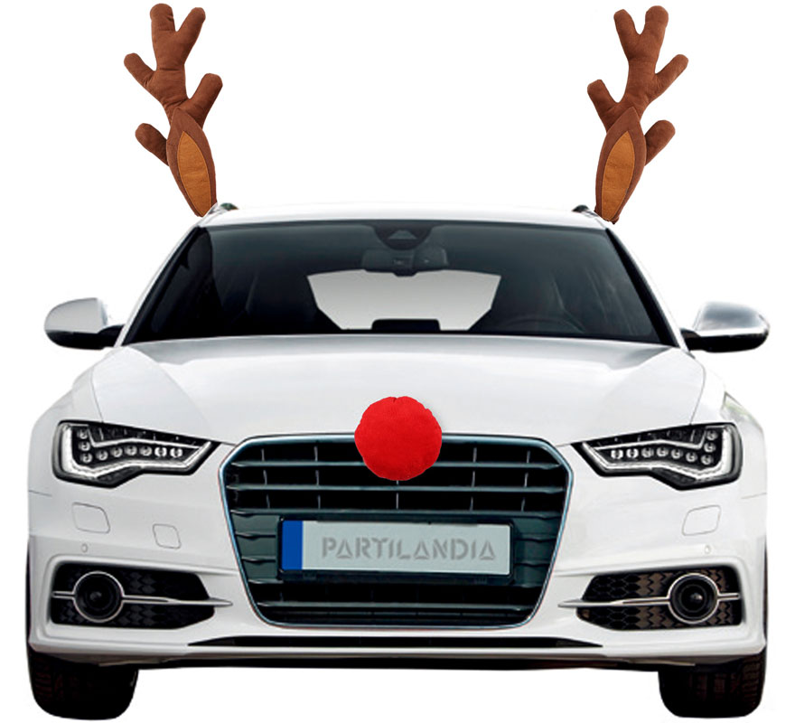 Kit de Cuernos de Reno y nariz roja de decoración para Coche