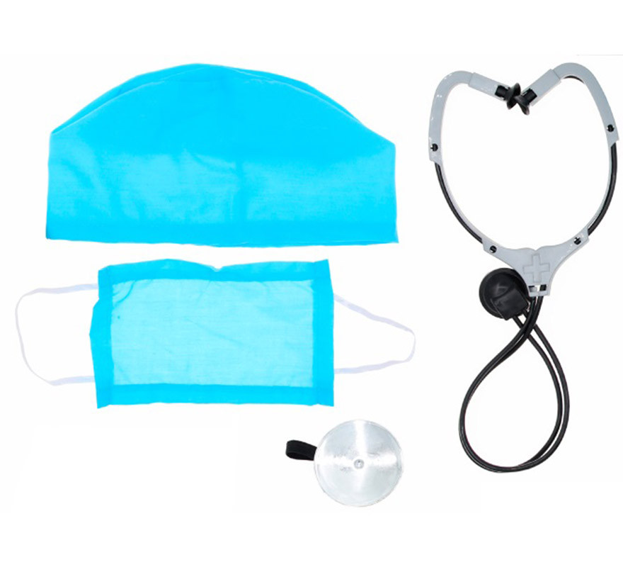 Trousse du médecin : bonnet, masque, stéthoscope et réflecteur