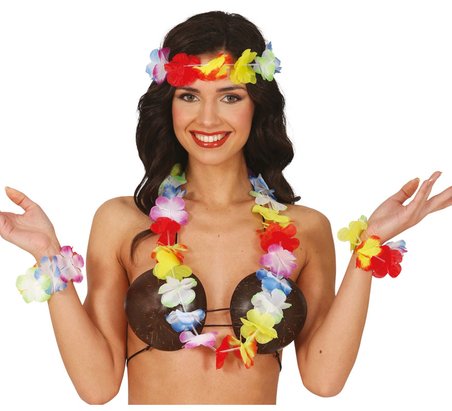 Multicolor Hawaiian Kit: Necklace, headdress and bracelets